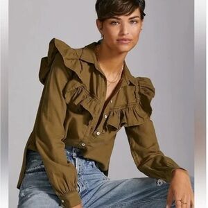 ANTHROPOLOGIE X PILCRO Ruffle Button Down Olive Green Cotton Blouse XS